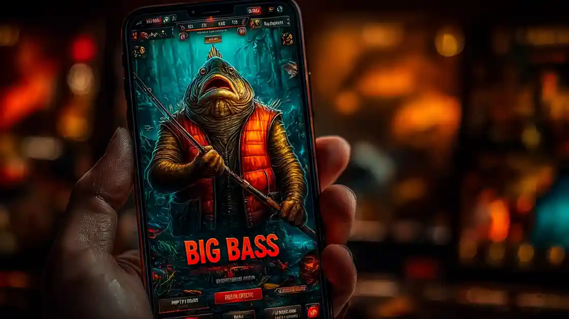 A close-up of a hand holding a smartphone showcasing a BIG BASS fishing game, featuring an anthropomorphic fish character, highlighting the engaging casual games on tk444.