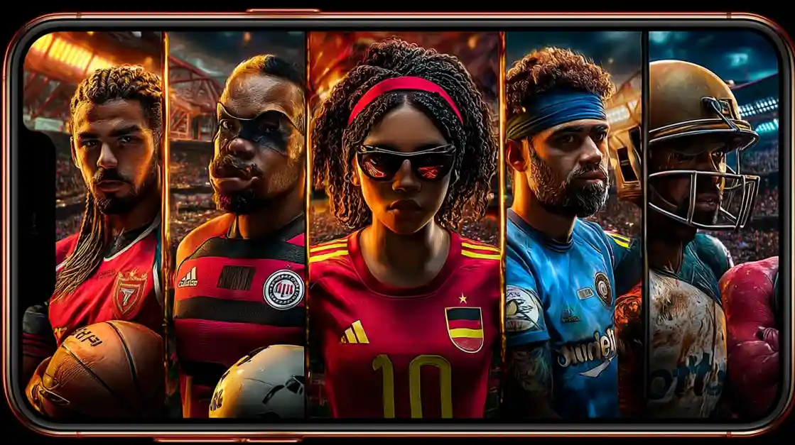 A smartphone screen displays a powerful collage of diverse male and female athletes from various sports, including football and soccer, representing the comprehensive sports betting options at tk444.