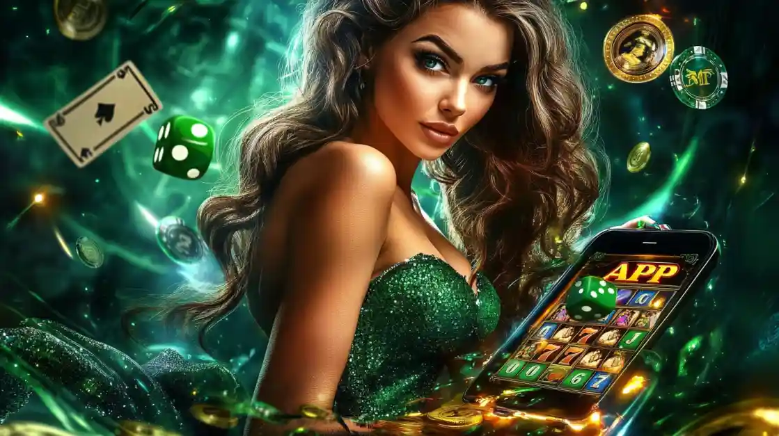 An enchanting woman with flowing hair, adorned in green, gazes captivatingly, surrounded by floating cards, dice, and coins, alongside a smartphone featuring the tk444 gaming app.