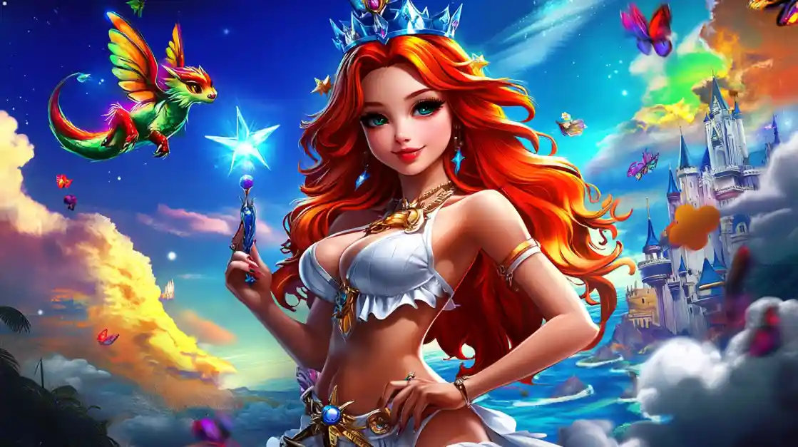 A vibrant fantasy scene featuring a beautiful princess with fiery red hair and a crown, holding a magic wand, with a small winged dragon and a fairytale castle in the background, embodying the magical world of tk444.