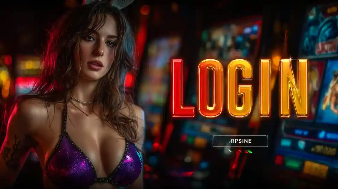 A captivating woman in a shimmering top stands beside a prominent LOGIN interface, with tk444 slot machines softly blurred in the background, inviting users to enter the world of tk444.