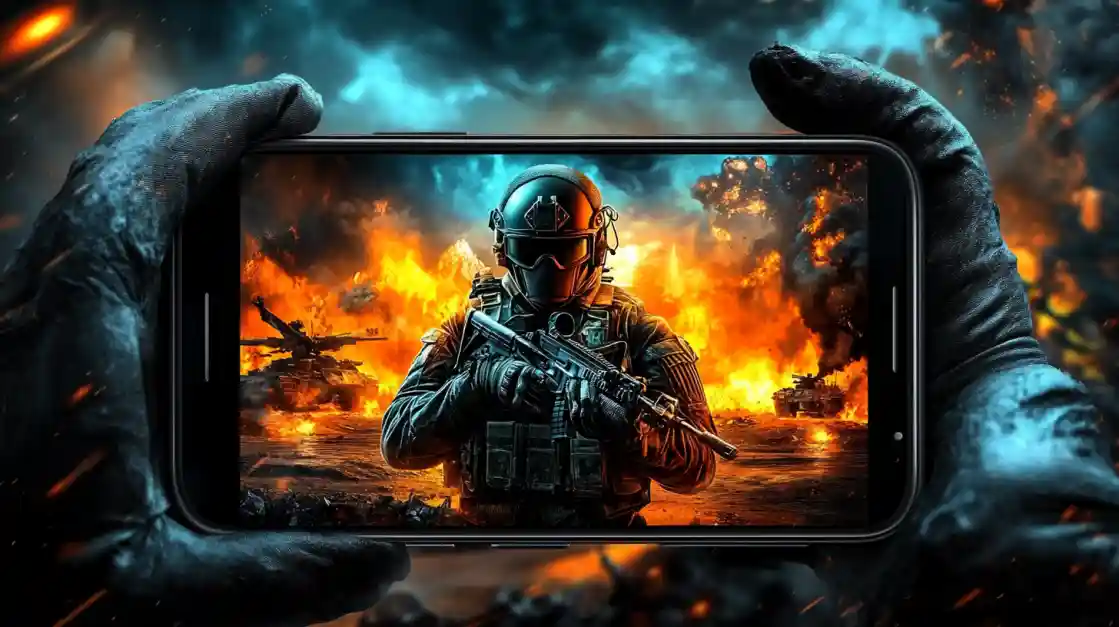 Hands holding a smartphone displaying an intense military shooter game with a soldier amidst explosions and tanks, showcasing the immersive action available on tk444.