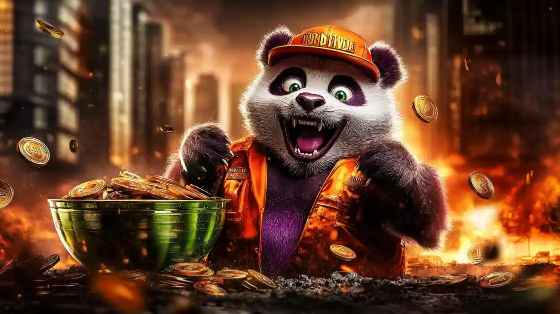 A cheerful panda character wearing an orange cap and jacket, surrounded by golden coins and a bowl of money, symbolizing wealth and good fortune with tk444.