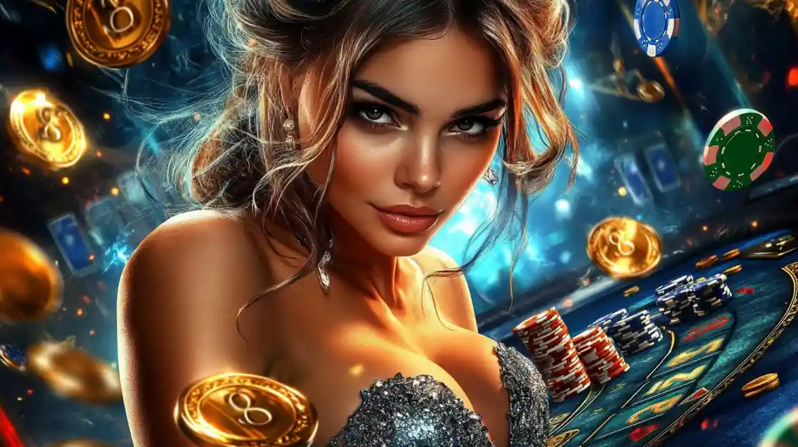 A beautiful woman in a glittering dress gives a captivating look while at a tk444 casino table, surrounded by floating gold coins, casino chips, and a roulette wheel.