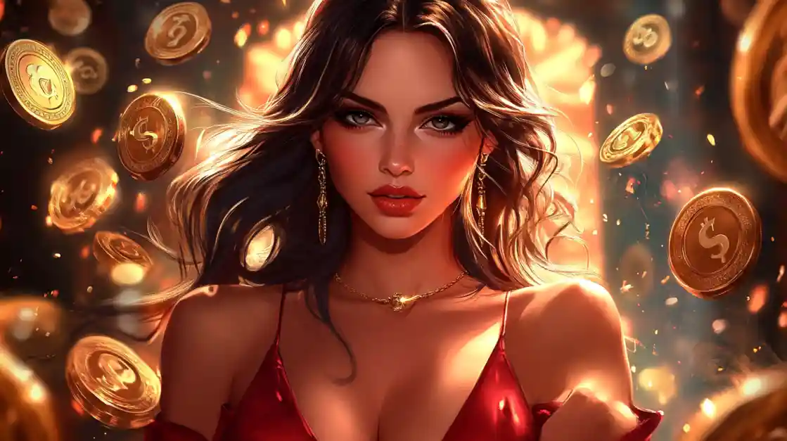 A stunning woman in a red dress, adorned with delicate jewelry, looks directly at the viewer as a shower of golden tk444 coins rains down around her, symbolizing big wins.