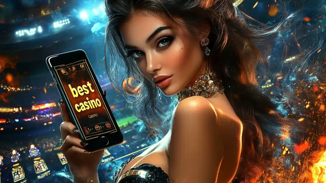 An alluring woman holds a smartphone with the best casino app from tk444 glowing on the screen, set against the backdrop of a brightly lit stadium and ambient flames.