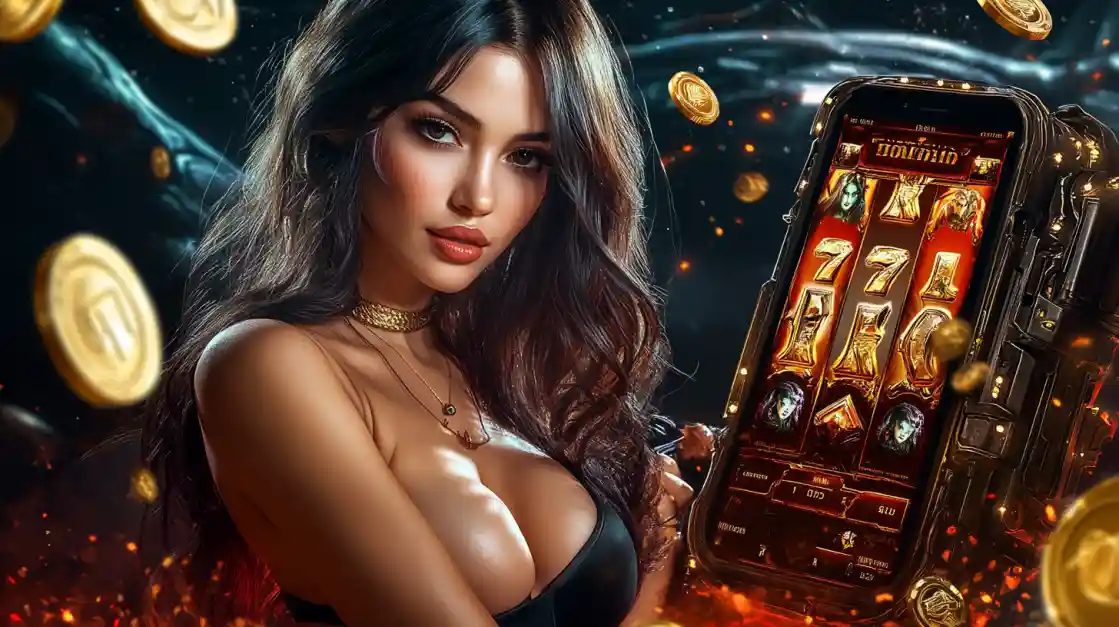 A beautiful woman in a black top looks confidently at the viewer while holding a smartphone displaying a tk444 mobile slot game with 777 symbols and golden coins.