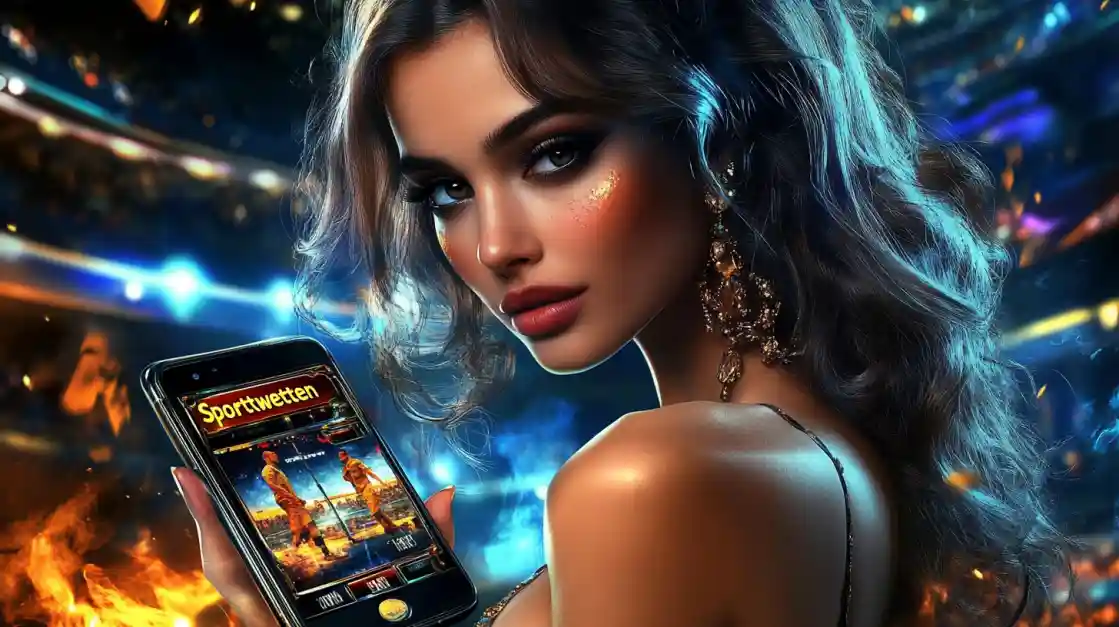 A glamorous woman with elegant makeup looks over her shoulder, holding a smartphone displaying the tk444 sports betting app against a vibrant stadium backdrop with fire effects.
